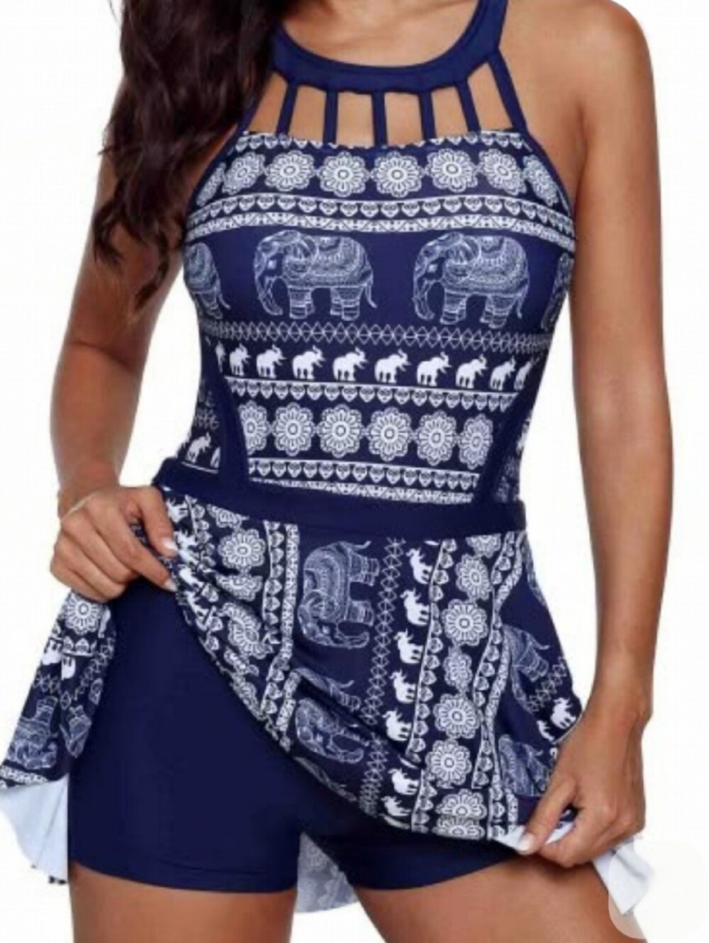Navy Blue Elephant Print Tankini Romper 2Pc